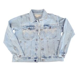 Saltwater Luxe Denim Jean Jacket Light Wash with Rhinestone Fringe Large